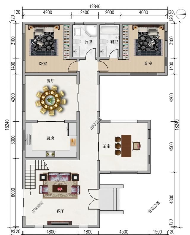 挑空客厅茶室设计,一层徽派小院图3