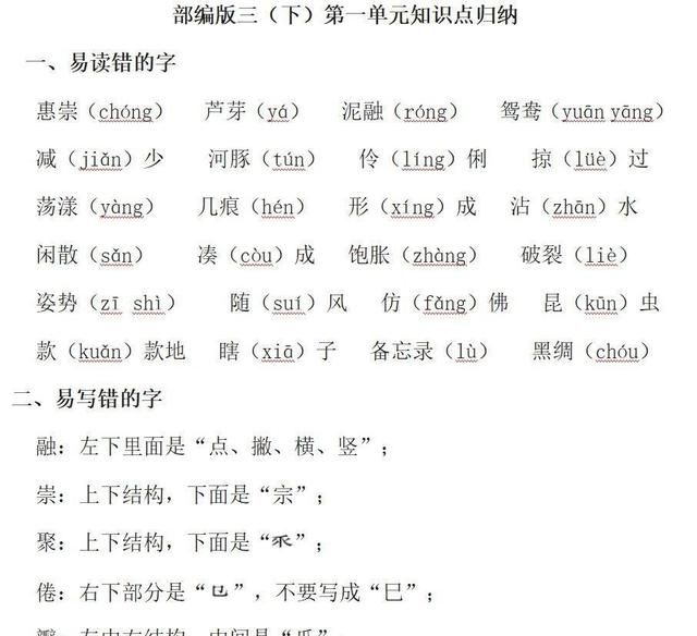 人教版小学三年级下册语文各单元知识点图2